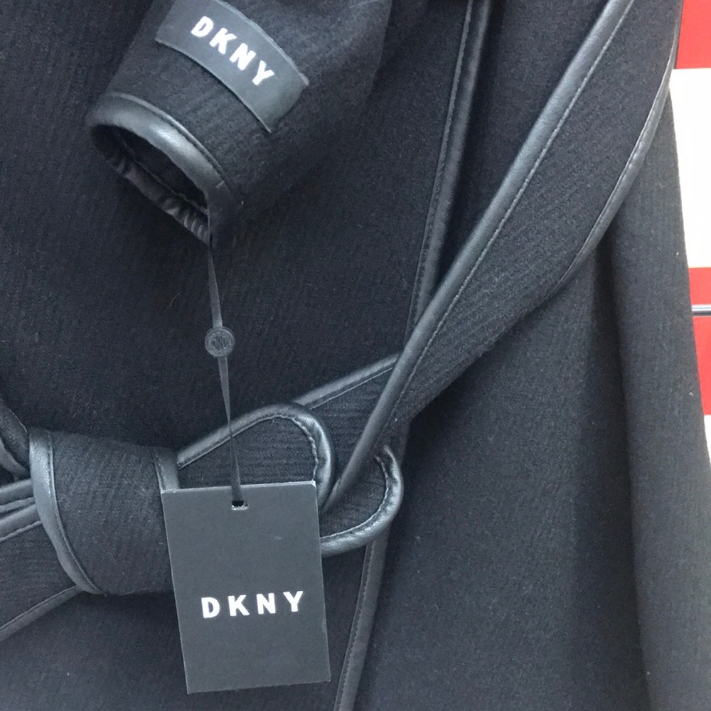 DKNY Petite Faux-Leather-Trim Wrap Coat,black,NWT - Picture 7 of 17